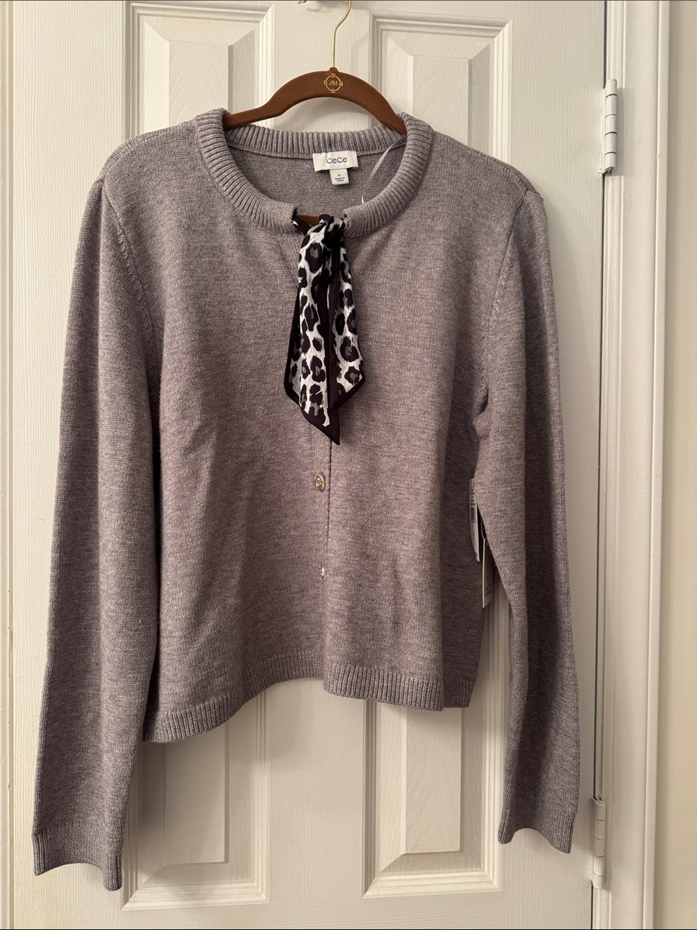 CeCe Light Gray Knit Cardigan with Leopard Scarf Accent